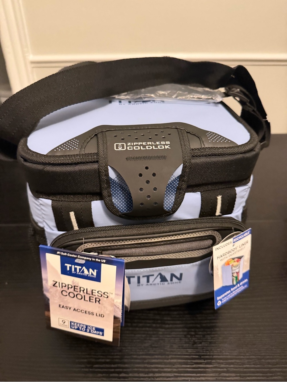 Titan Zipperless Cooler Bag in Light Blue with Black Trim